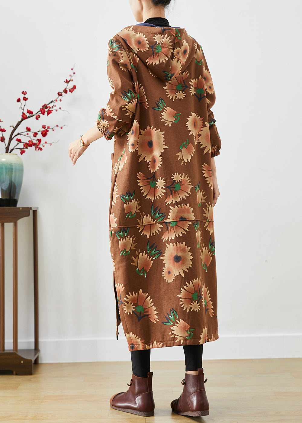 WW | Khaki Hooded Floral Print Warm Fleece Coats Winter