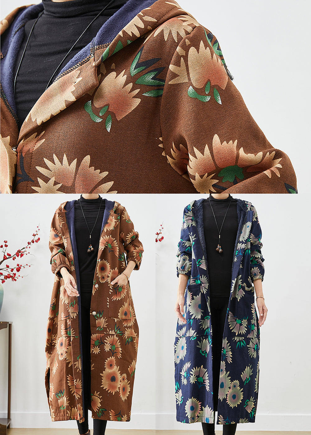 WW | Khaki Kapuzen Floral Print Warme Fleece Mäntel Winter