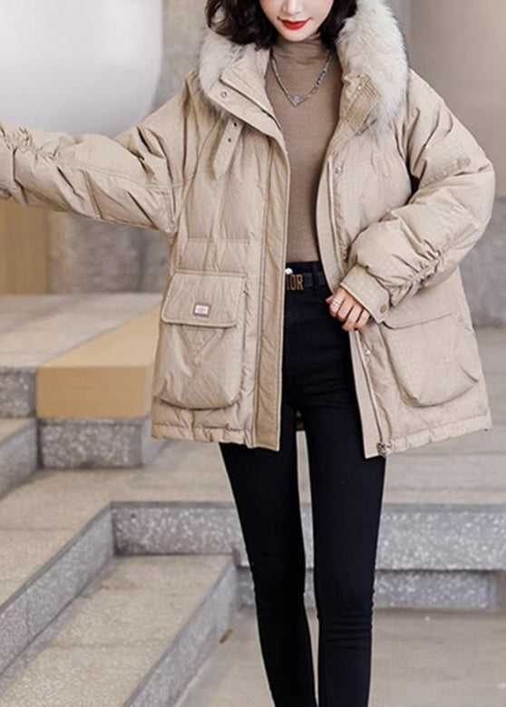 WW | Khaki Warm Pockets Fox Collar Duck Down Coats Winter