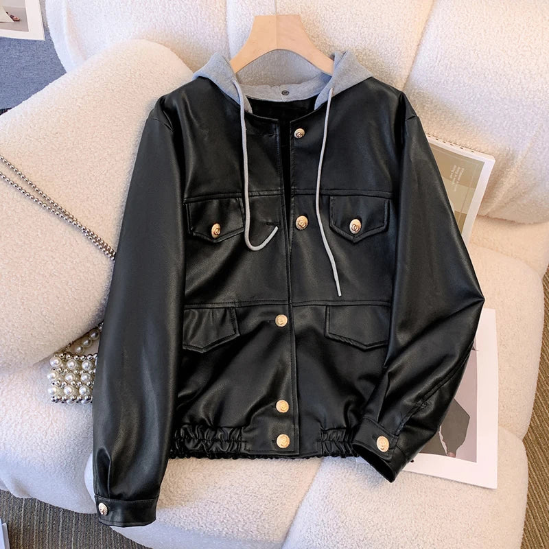 WW | Pre-sewn Leather Jacket with Lacing and Thick Hood