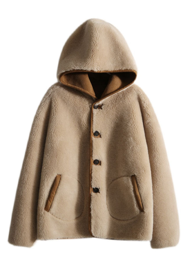 WW | Light Camel Patchwork Button Hooded Fur Coats Long Sleeve