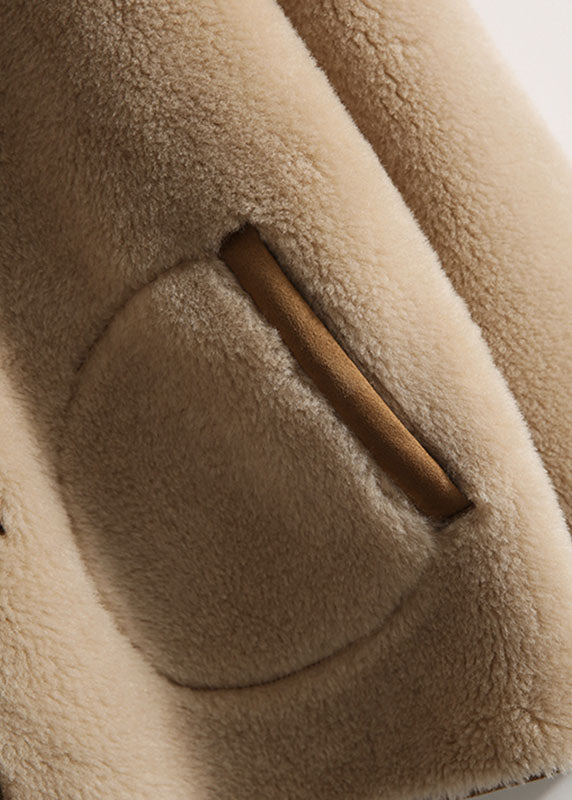 WW | Light Camel Patchwork Button Hooded Fur Coats Long Sleeve