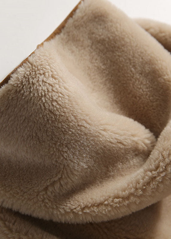 WW | Light Camel Patchwork Button Hooded Fur Coats Long Sleeve