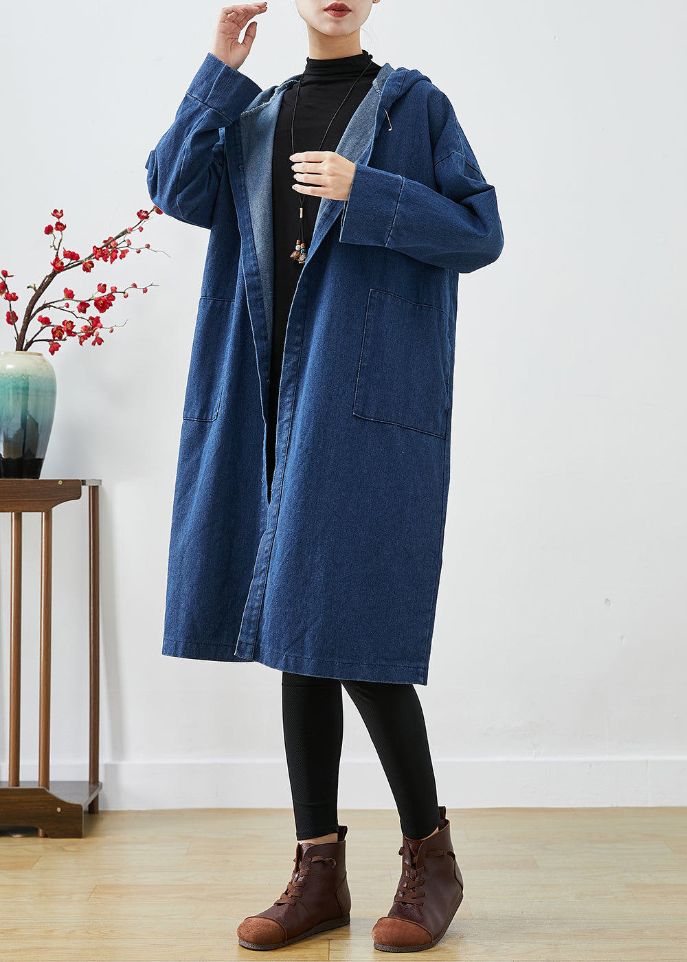 WW | Navy Hooded Oversized Cotton Trench Coat