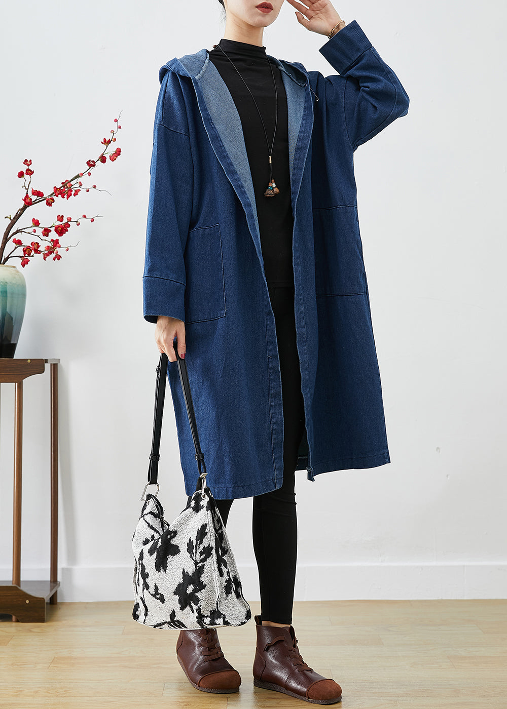 WW | Navy Hooded Oversized Cotton Trench Coat