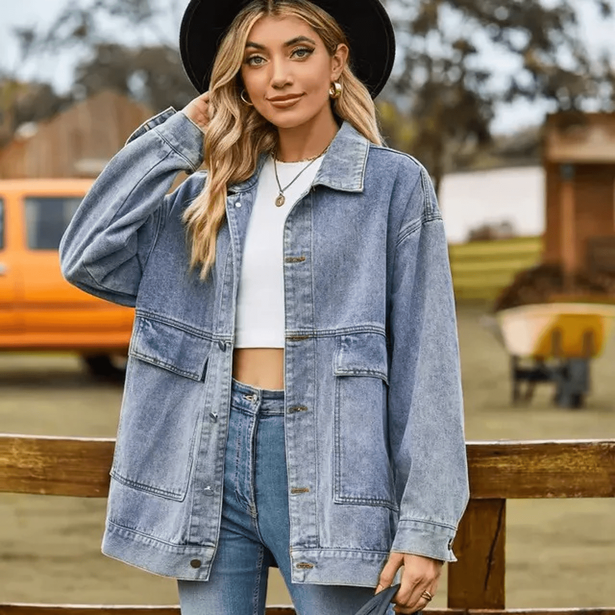 WW | Lässige Übergroße Denimjacke mit Knopfverschluss