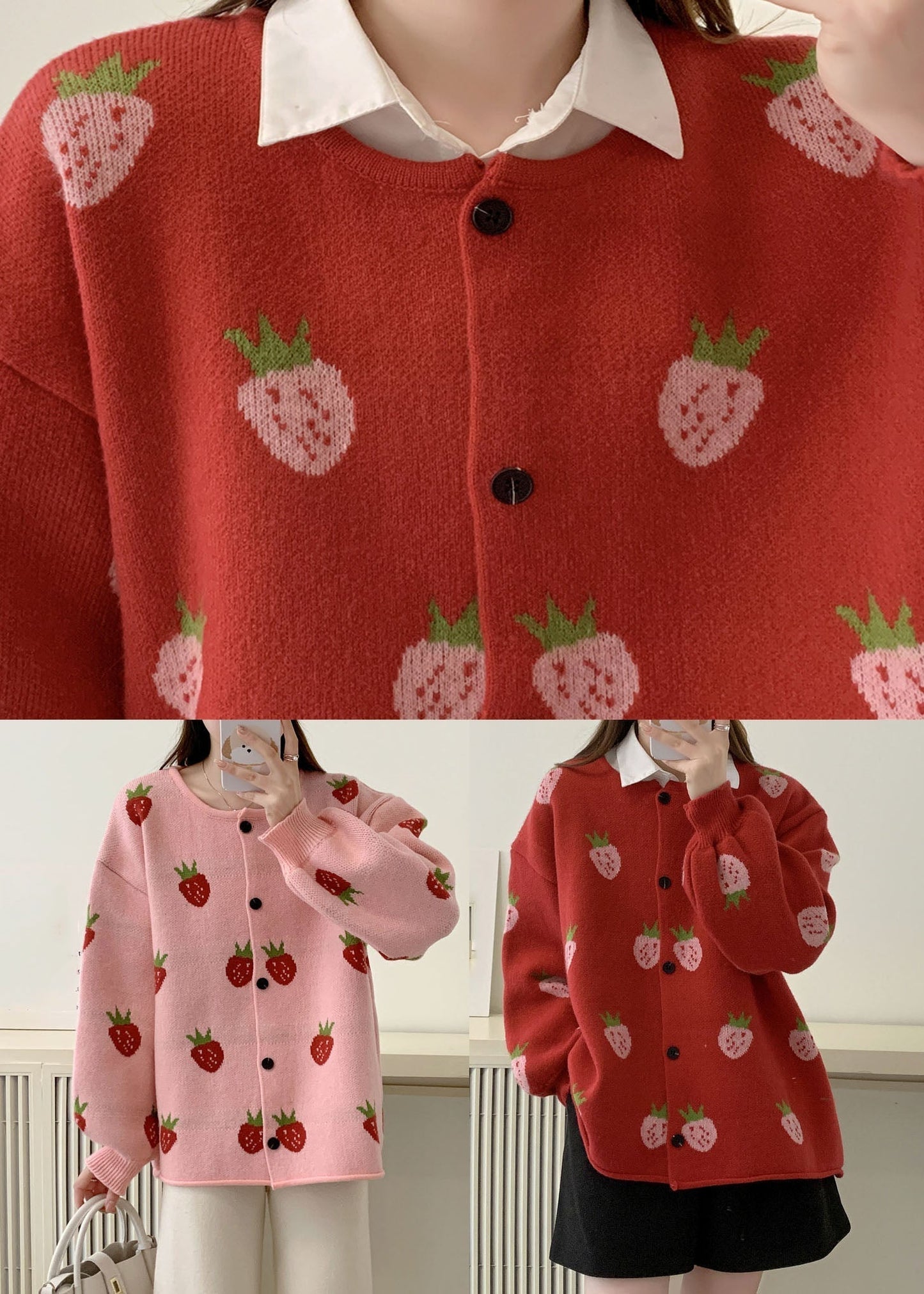 WW | Pink Strawberry Floral Cotton Knit Cardigans