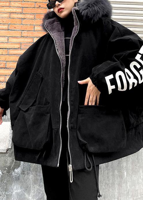 WW | schwarze Buchstabenmäntel Übergröße Schneejacken mit Kunstpelzkragen Taschenmäntel