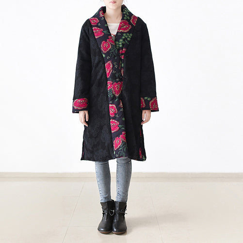 WW | Black Print Puffer Jackets Loose Patchwork Down Jacket Women Side Slit Coat