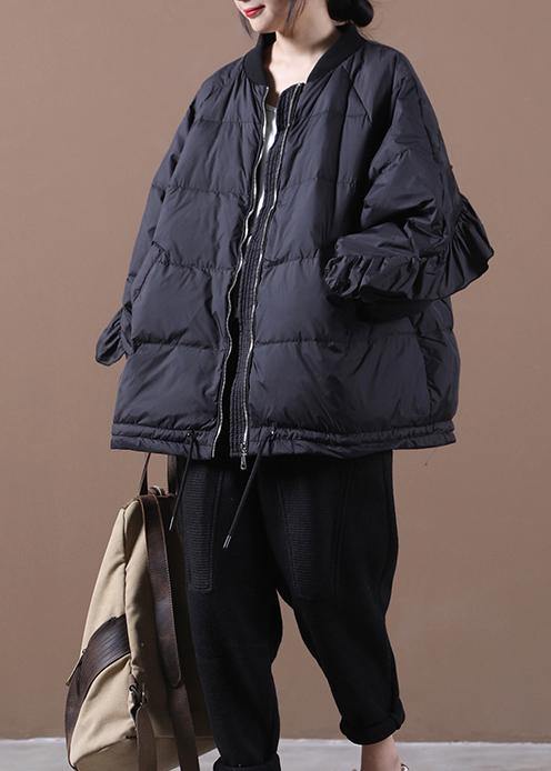 WW | Black Warm Winter Coat Oversized Winter Jacket Stand-Up Collar Ruffles WW | Jackets