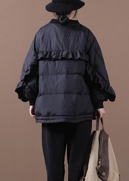 WW | schwarzer warmer Wintermantel oversized Winterjacke Stehkragen Rüschen WW | Jacken