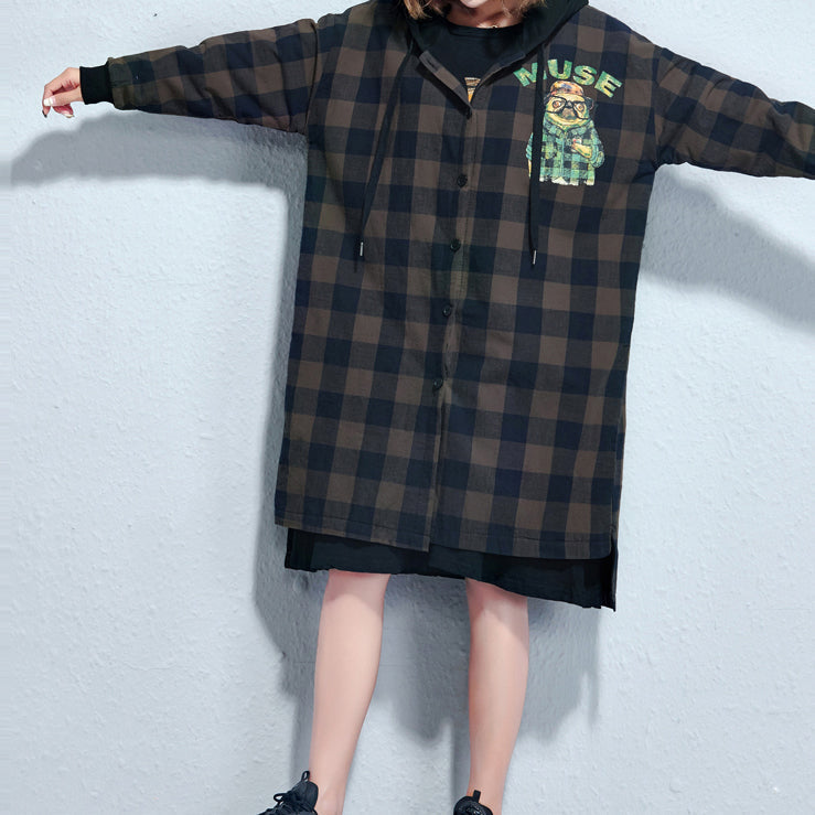 WW | Check Print Cotton Coats Plus Size Hooded Winter Thick Outfits