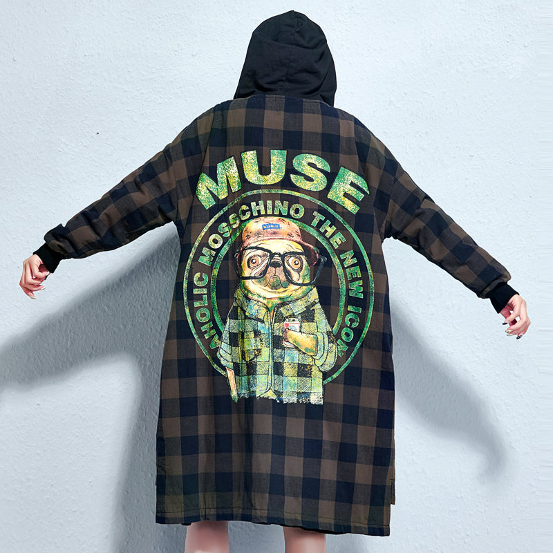 WW | Gitterdruck Baumwollmäntel Übergrößen Kapuzen Winter dicke Outfits