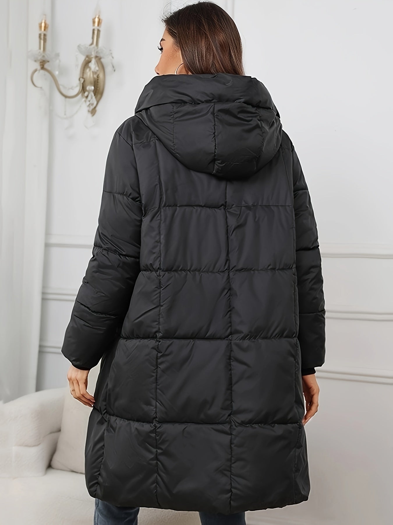 WW | Damen Midilange Gefütterte Pufferjacke mit Kapuze und Taschen