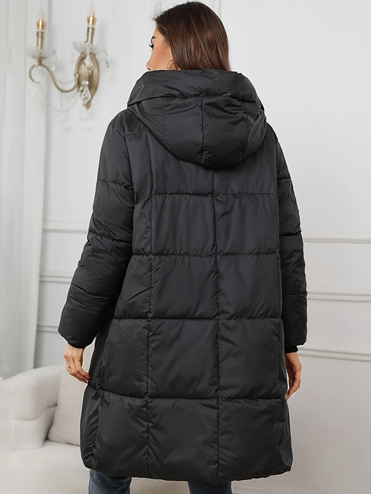 WW | Damen Midilange Gefütterte Pufferjacke mit Kapuze und Taschen