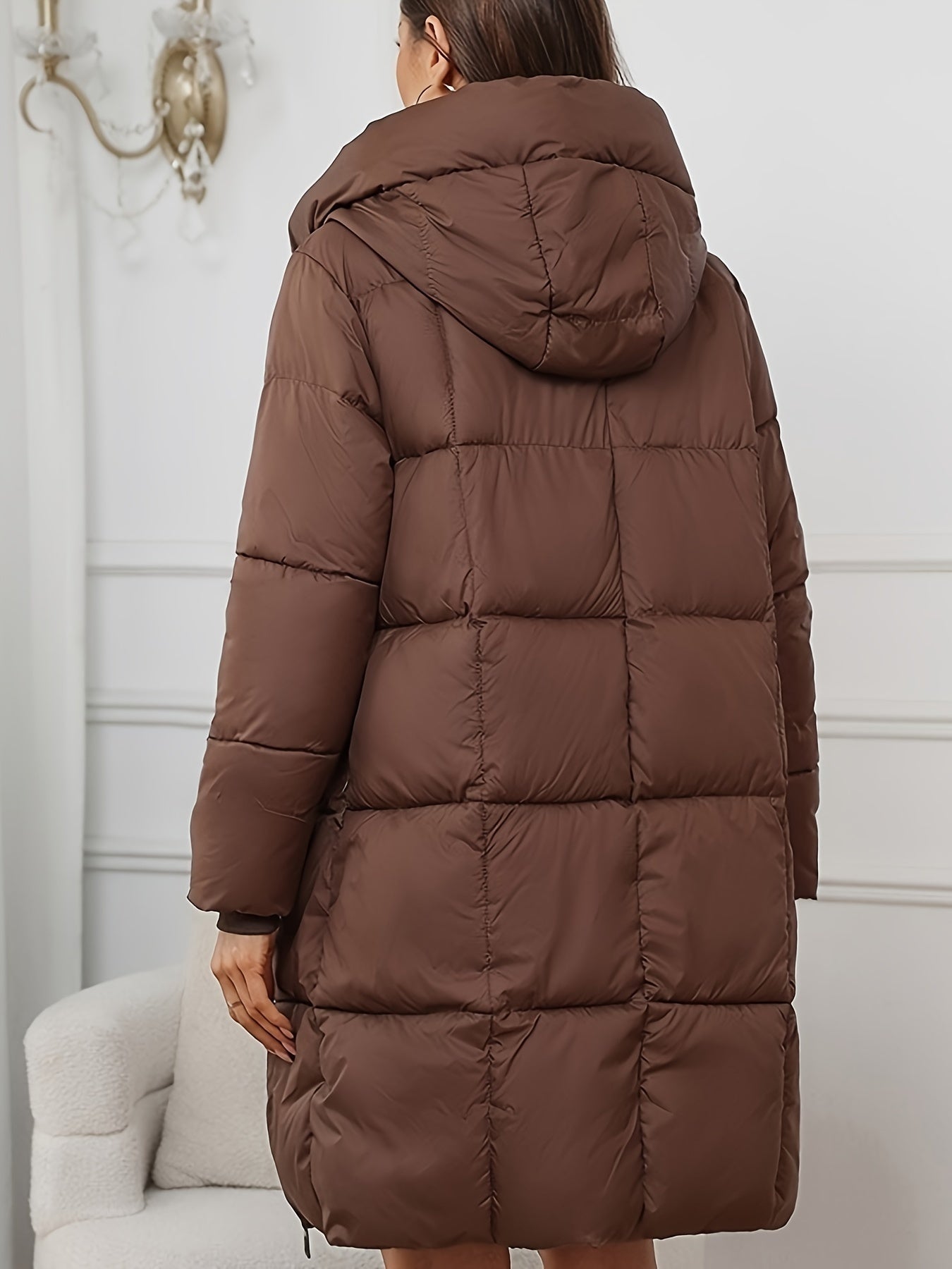 WW | Damen Midilange Gefütterte Pufferjacke mit Kapuze und Taschen