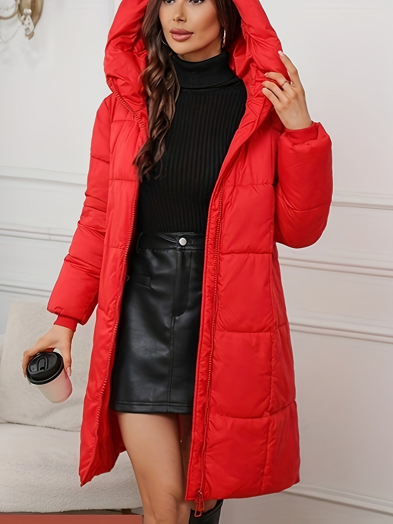 WW | Damen Midilange Gefütterte Pufferjacke mit Kapuze und Taschen