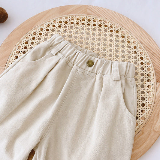 WW | Boys' Elastic Waistband Trousers – Beige/Brown, Comfortable Fit for 1-5 Years
