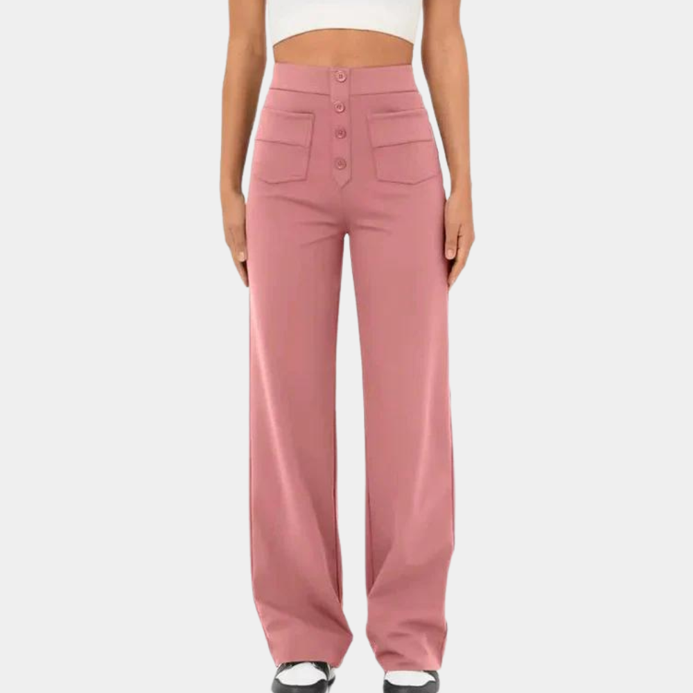 WW | Flare Trousers High Waist - Wide Leg with Decorative Buttons & Front Pockets for a Retro Look
