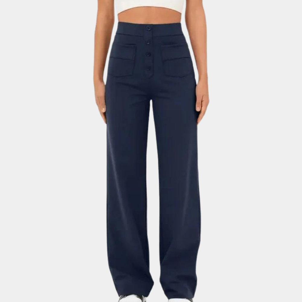 WW | Flare Trousers High Waist - Wide Leg with Decorative Buttons & Front Pockets for a Retro Look
