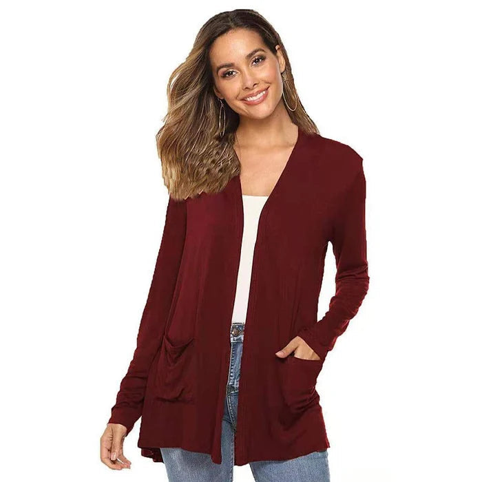 WW | Damen Casual Einfarbig Cardigan mit Offener Vorderseite und Taschen