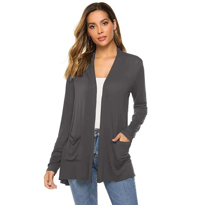 WW | Damen Casual Einfarbig Cardigan mit Offener Vorderseite und Taschen