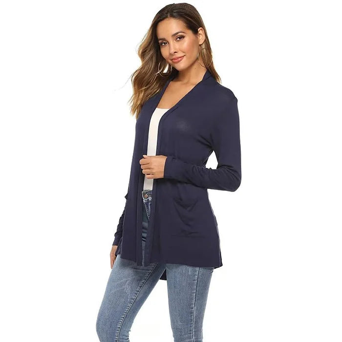 WW | Damen Casual Einfarbig Cardigan mit Offener Vorderseite und Taschen