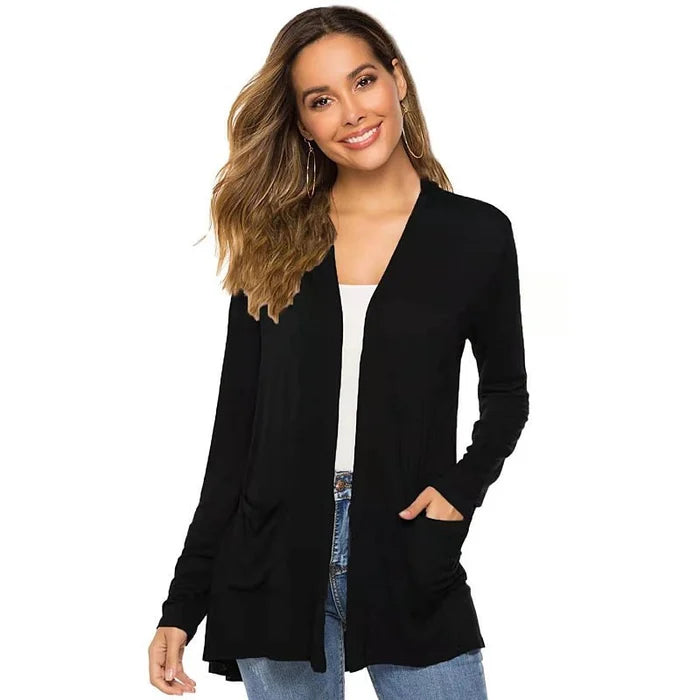 WW | Damen Casual Einfarbig Cardigan mit Offener Vorderseite und Taschen