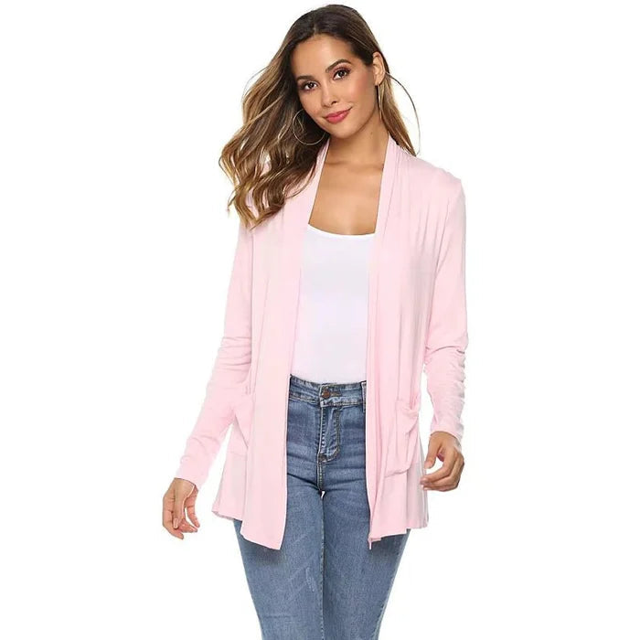 WW | Damen Casual Einfarbig Cardigan mit Offener Vorderseite und Taschen