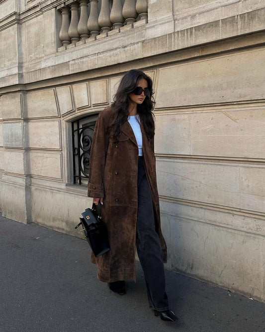 WW | Damen Stilvoller Langer Trenchcoat mit Reverskragen und Knopfverschluss