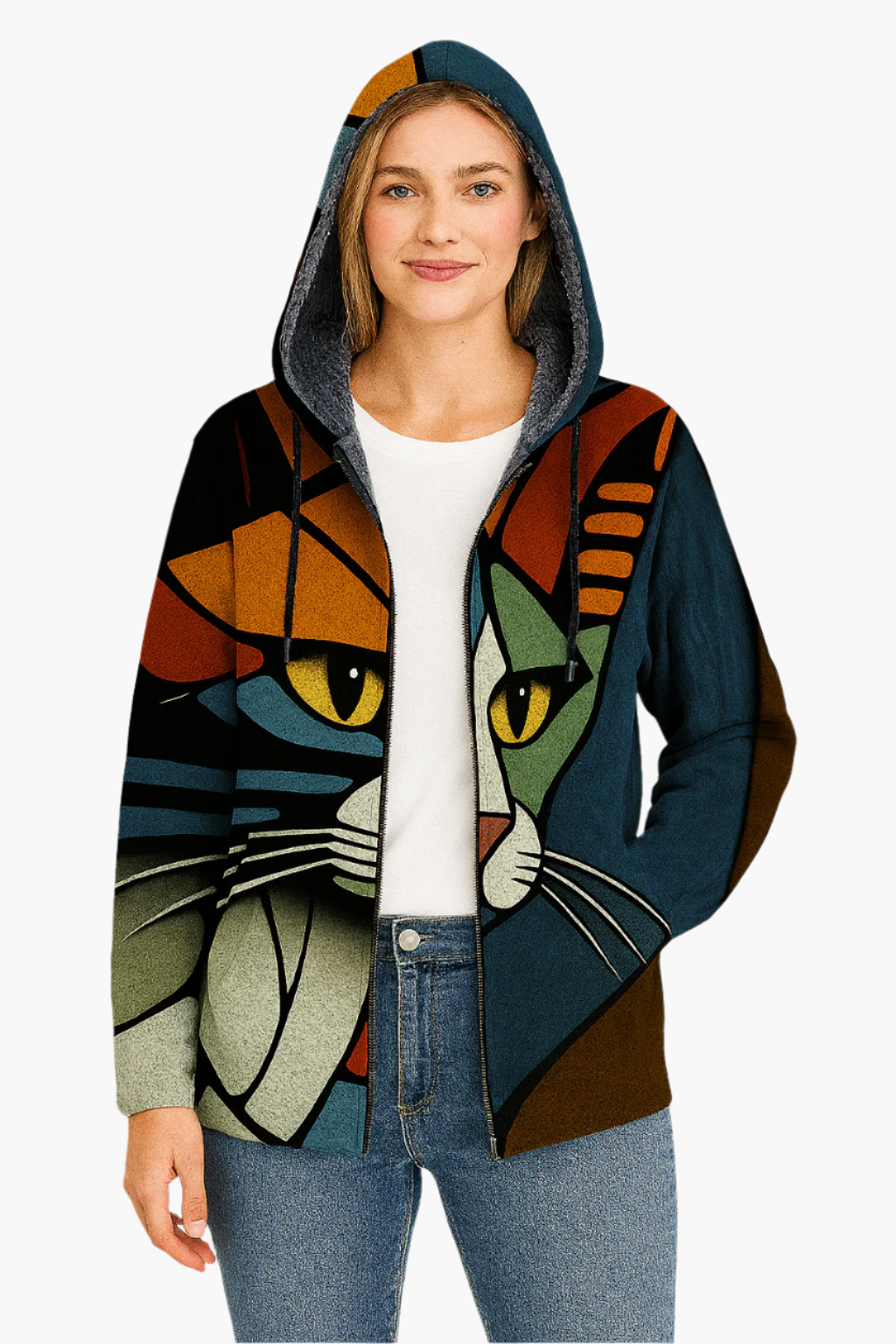 WW | Kapuzenjacke mit künstlerischem Katzenmotiv - Moderne Freizeitjacke für einen einzigartigen Look