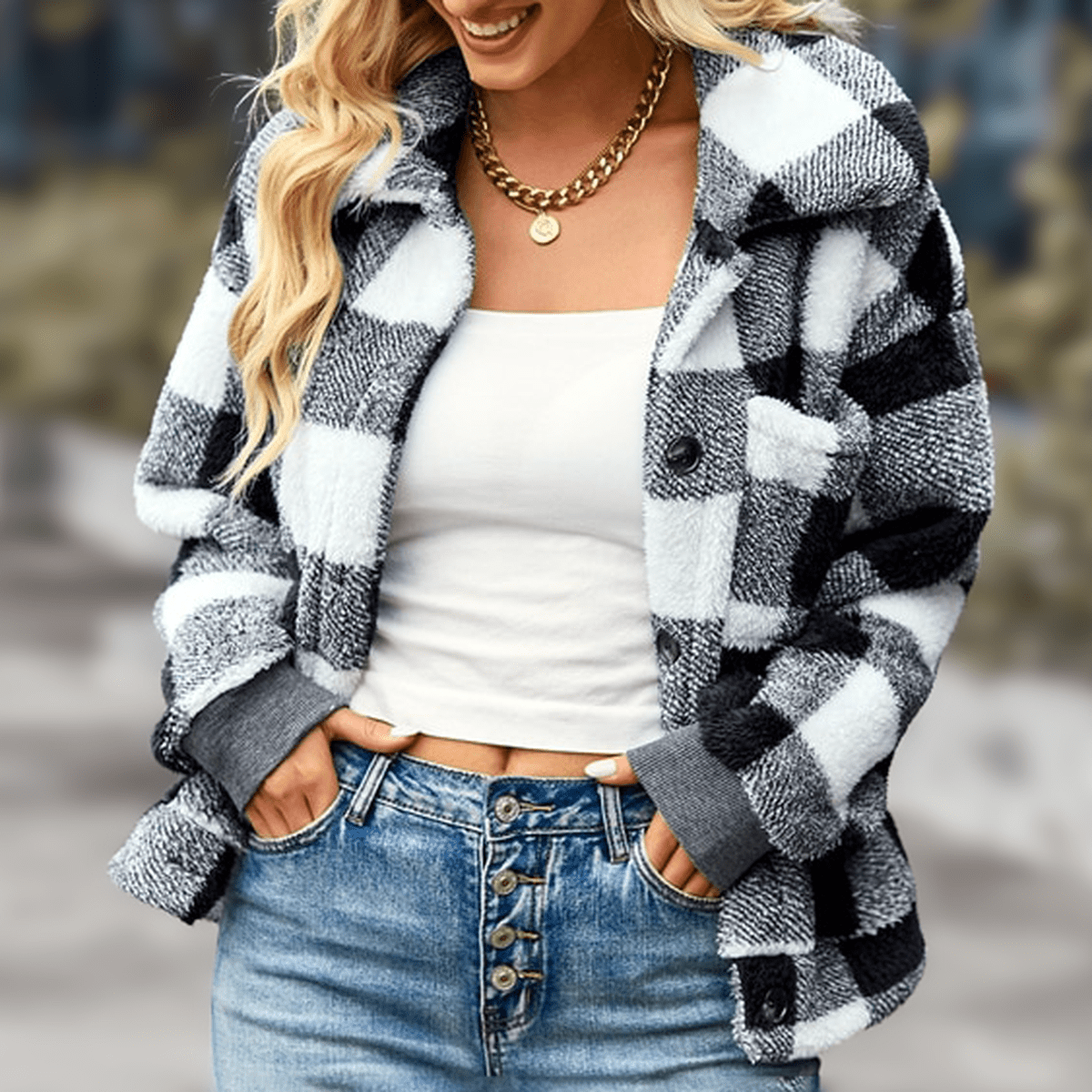 WW | Plaid Relaxed Fit Fleece Jacket