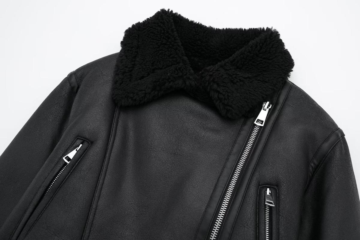 WW | Schicke Schwarze PU-Lederjacke mit Fellkragen