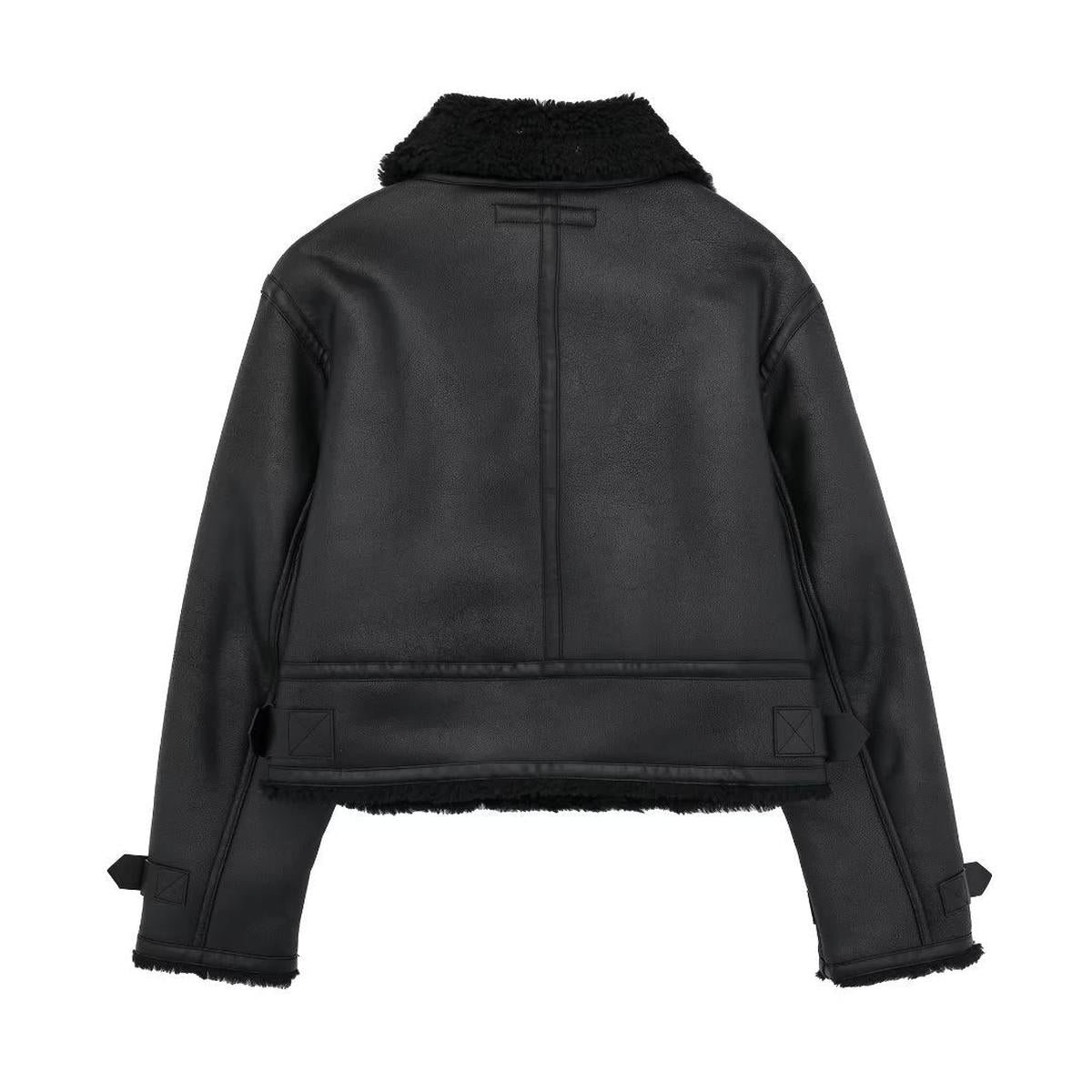 WW | Schicke Schwarze PU-Lederjacke mit Fellkragen