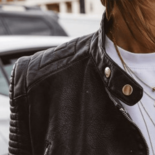 WW | Schicke Schwarze PU-Leder Stehkragenjacke Für Frauen