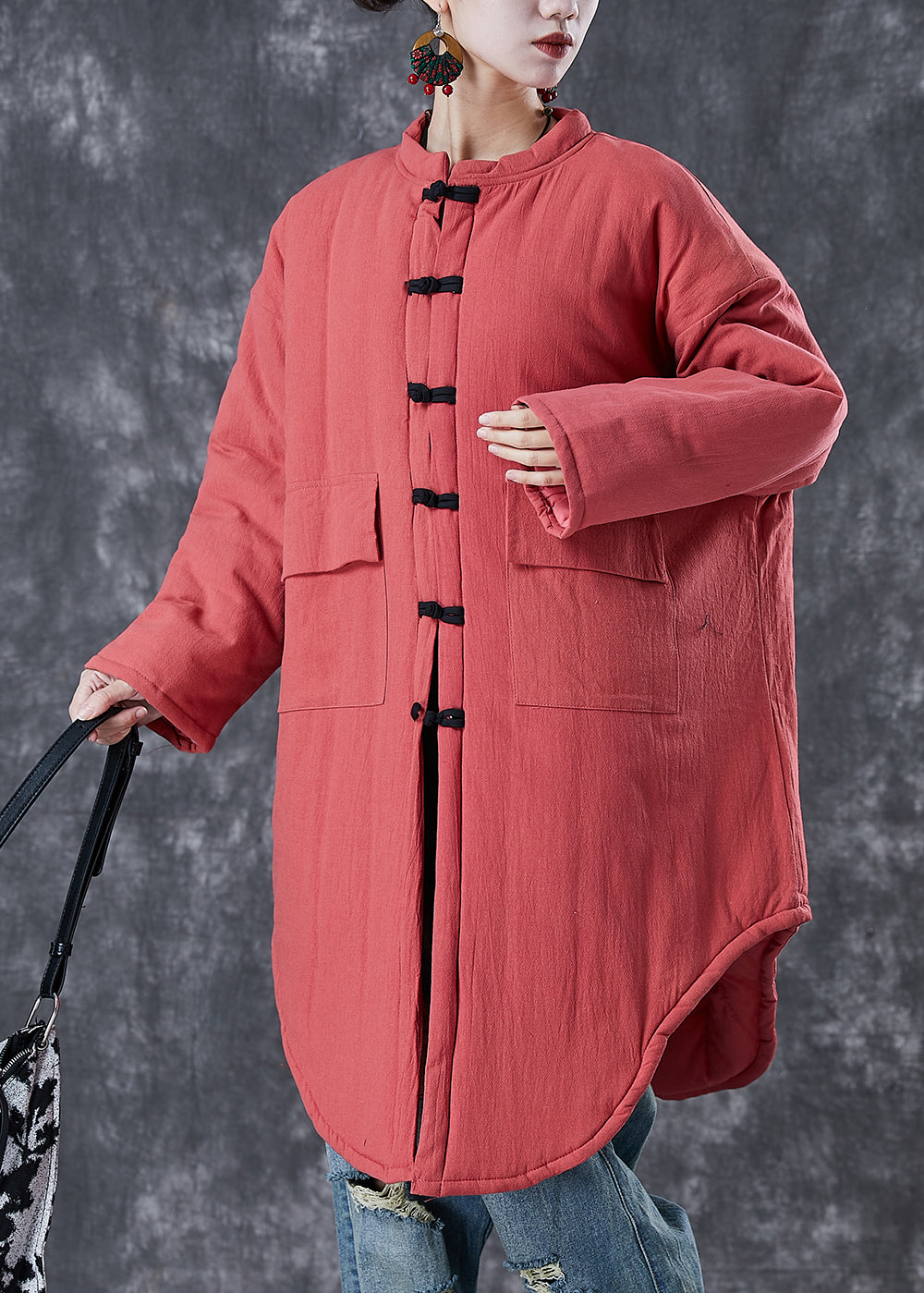 WW | Brick Red Oversized Pockets Fine Cotton-Filled Women's Winter Coats