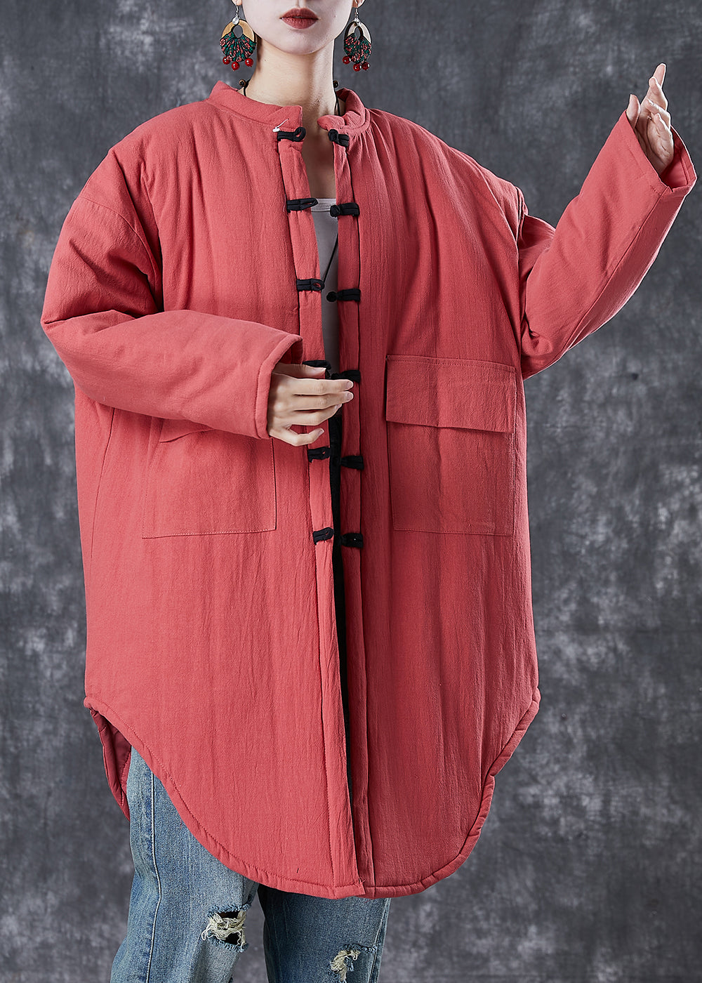 WW | Brick Red Oversized Pockets Fine Cotton-Filled Women's Winter Coats