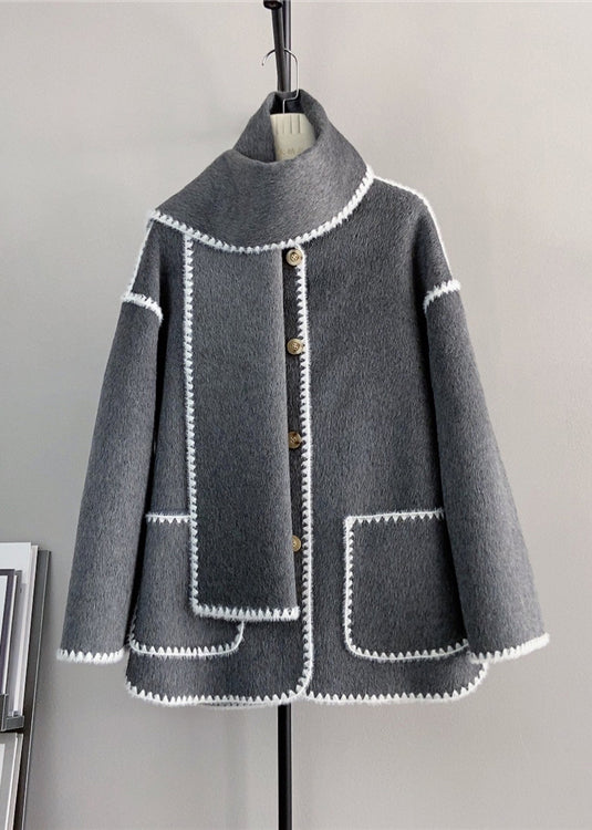 WW | Grey Buttoned Pockets Wool Short Coats Winter