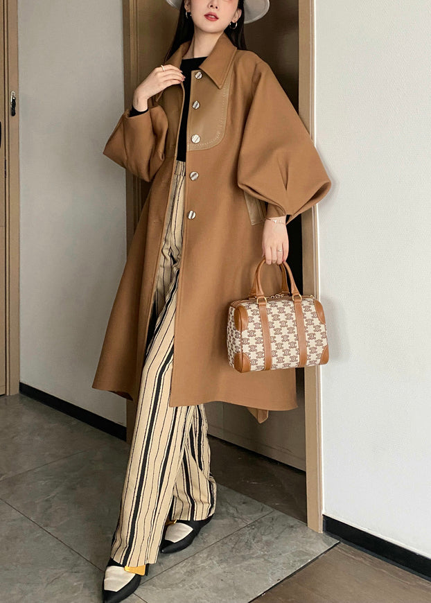 WW | Khaki Button Belted Patchwork Wool Trench Coats Lantern Sleeves