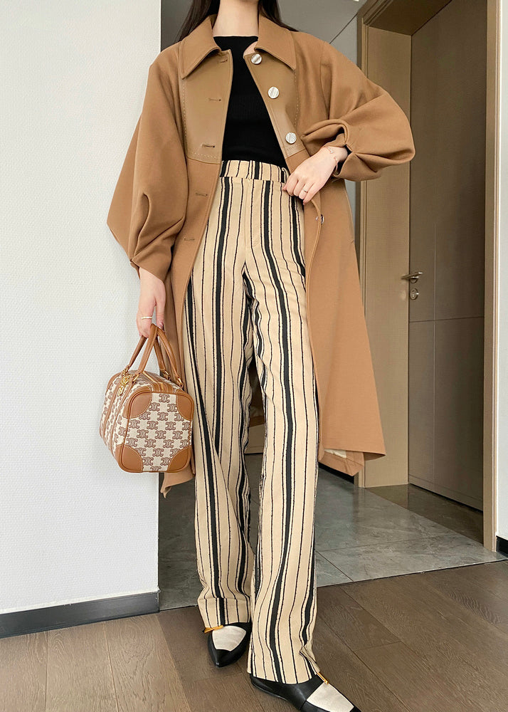 WW | Khaki Button Belted Patchwork Wool Trench Coats Lantern Sleeves