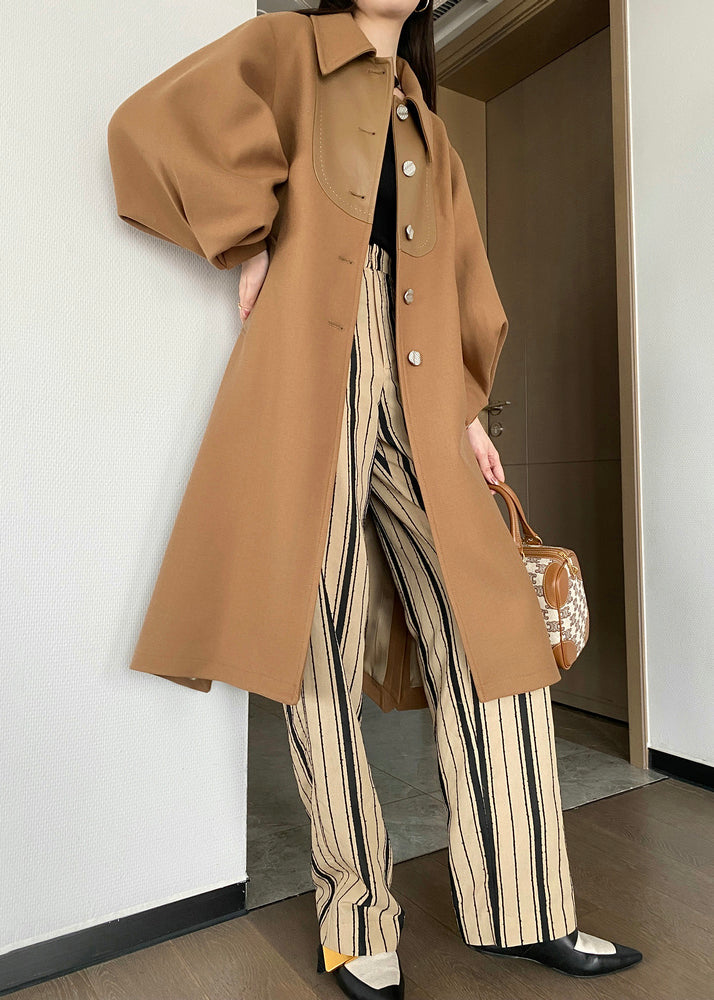 WW | Khaki Button Belted Patchwork Wool Trench Coats Lantern Sleeves
