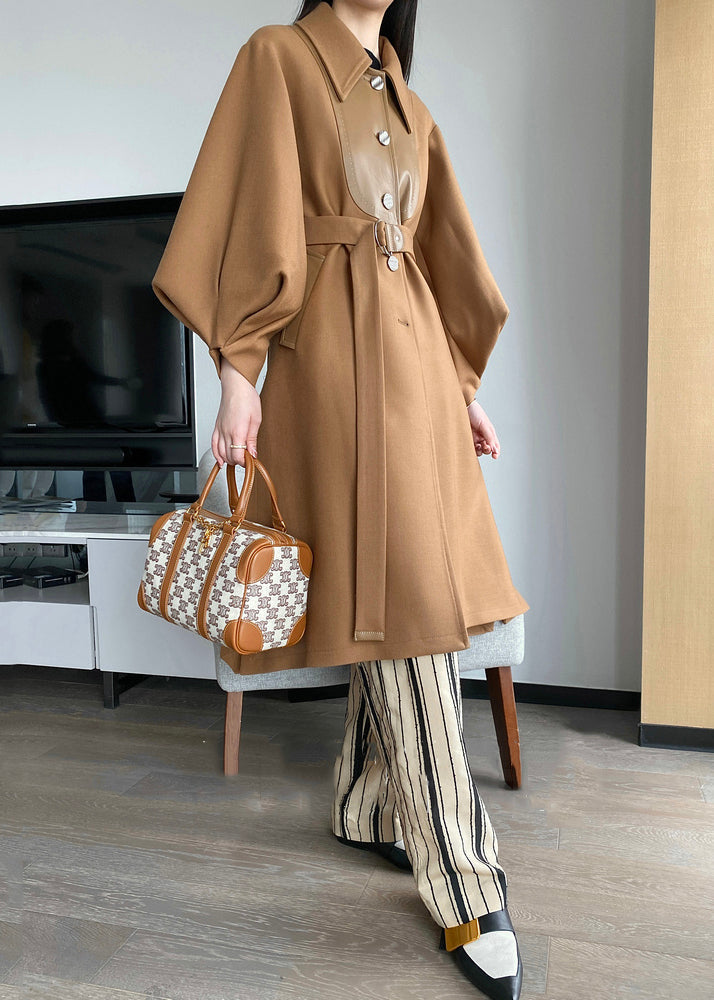 WW | Khaki Button Belted Patchwork Wool Trench Coats Lantern Sleeves
