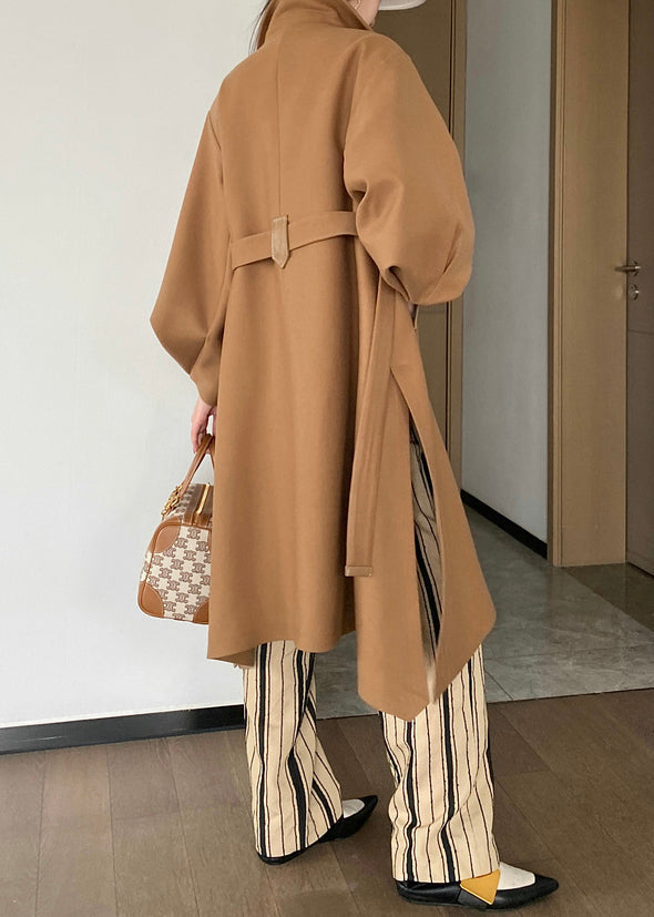 WW | Khaki Button Belted Patchwork Wool Trench Coats Lantern Sleeves