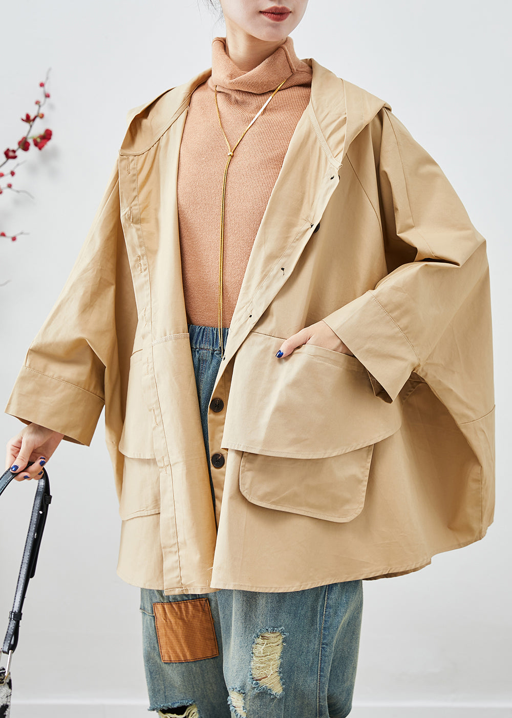 WW | Khaki Oversized Patchwork Cotton Coats Batwing Sleeves
