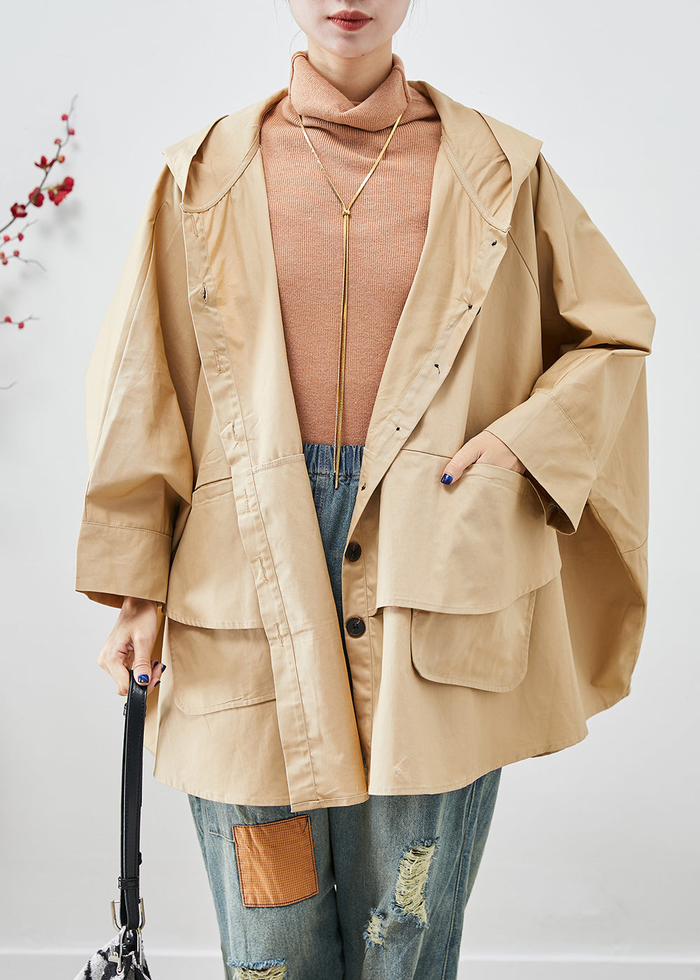 WW | Khaki Oversized Patchwork Cotton Coats Batwing Sleeves
