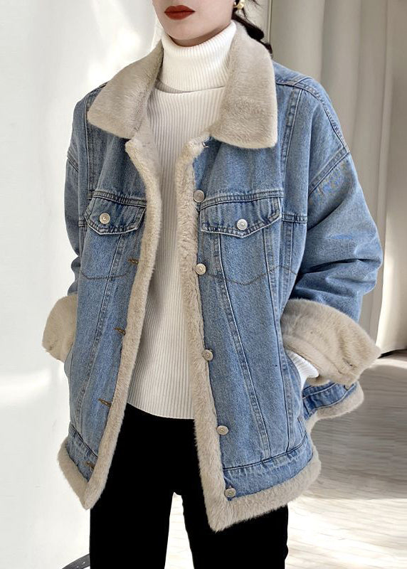 WW | Hellblaues Peter-Pan-Kragen-Taschen Warm Fleece Denim Mäntel Langarm