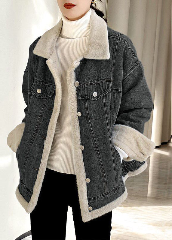 WW | Hellblaues Peter-Pan-Kragen-Taschen Warm Fleece Denim Mäntel Langarm