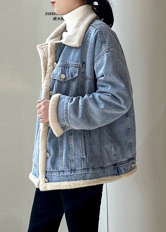 WW | Hellblaues Peter-Pan-Kragen-Taschen Warm Fleece Denim Mäntel Langarm