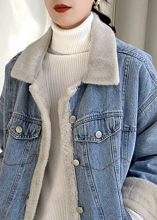 WW | Hellblaues Peter-Pan-Kragen-Taschen Warm Fleece Denim Mäntel Langarm