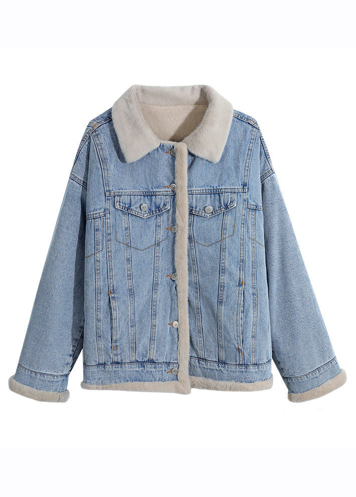 WW | Light Blue Peter Pan Collar Pocket Warm Fleece Denim Long-Sleeve Coats